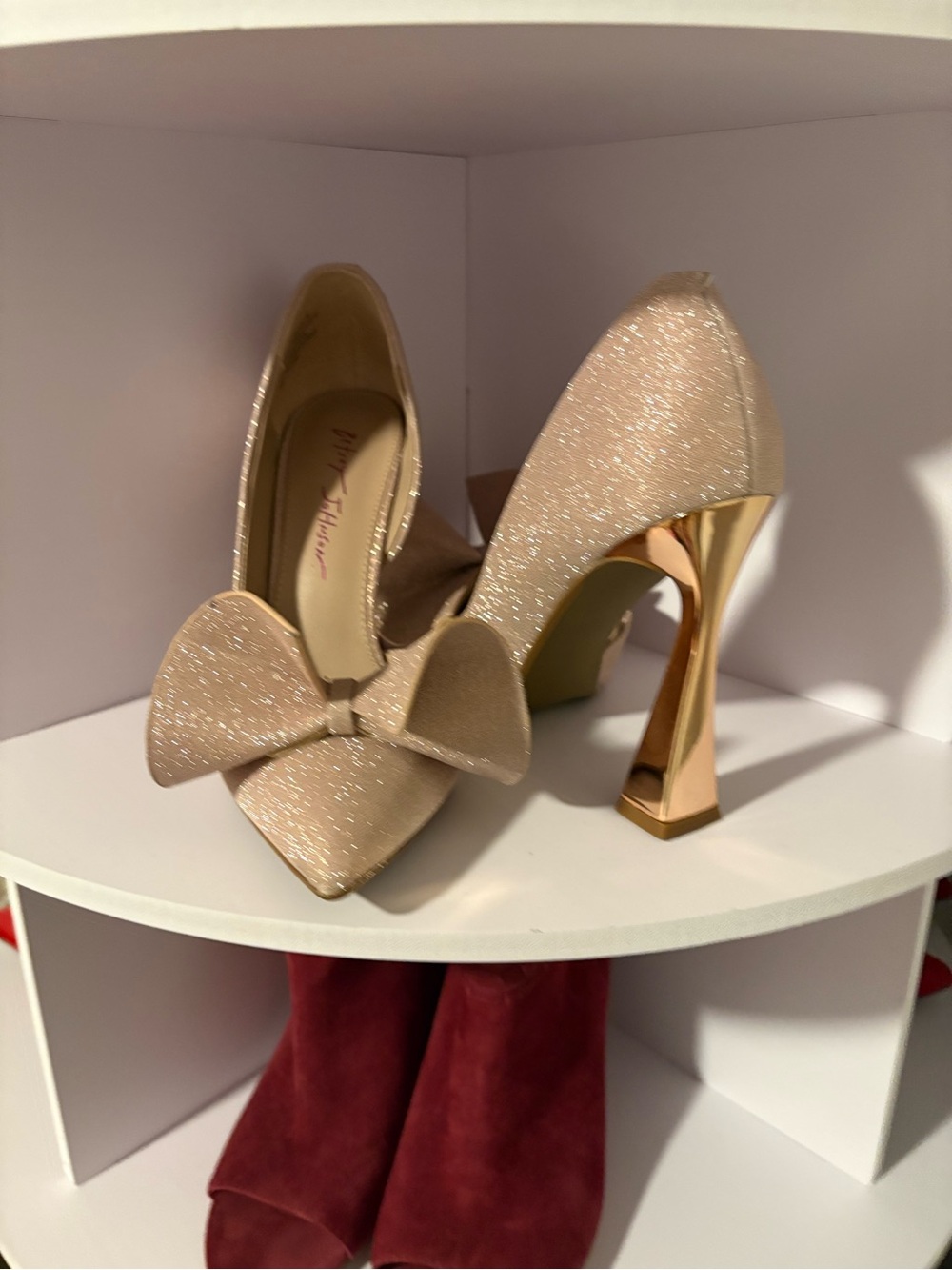 Betsey Johnson Champagne Glitter Bow Pointed Toe Heels with Gold Sculpted Heel